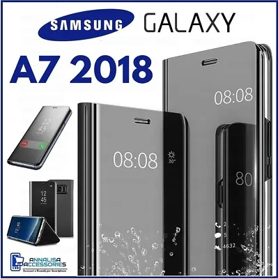 For SAMSUNG GALAXY A7 2018 CLEAR VIEW FLIP CASE SMART BOOK MIRROR LUXURY COVER • $15.29