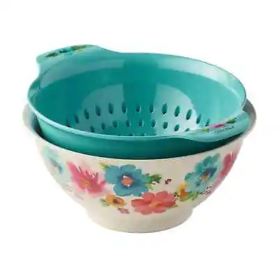Pioneer Woman Colander Set Melamine Bowl W Lid 3Pc Breezy Blossom Floral Green • £37.64