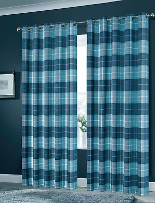 Check Print Black Out Curtains Pairs Ring Top Ready To Hang Eyelet Curtains • £35.99