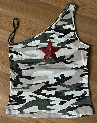 Rare Vintage Self Esteem Woman’s Half Tank Shirt Glitter Embellished Camouflage • $40