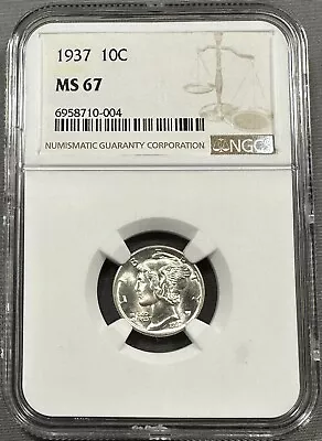 1937 Mercury Dime 10c - NGC MS67 - Blast White Luster • $85