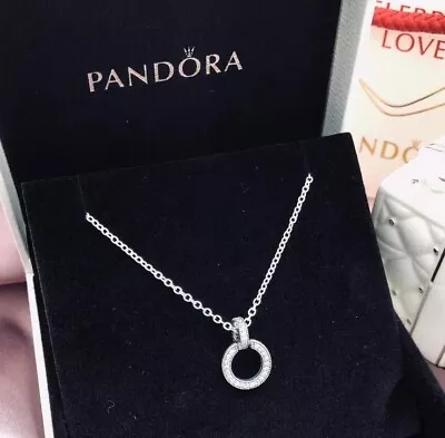 AUTHENTIC Pandora Necklace Silver Pave Double Circle Chain 399487C01-45 17.7 IN • $41.99