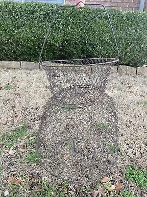 Vintage Fishing Fish Keeper Net Live Bait -Collapsible Metal Wire Basket - Cage • $24.95