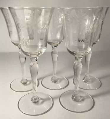 Vintage Delicate Etched Crystal Stemmed Goblets Set Of 5 Elegant 5 3/4  Tall • $27