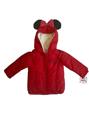 Disney Junior Toddler Minnie Mouse Red Puffer Coat Jacket Size 2T With Ears Bow • $19.95