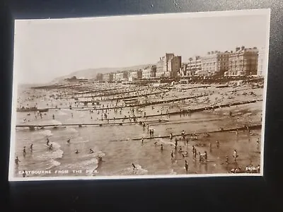 Eastbourne Postcard C1950 Real Photograph Town From The Pier Busy Beach Sussex • £5.95