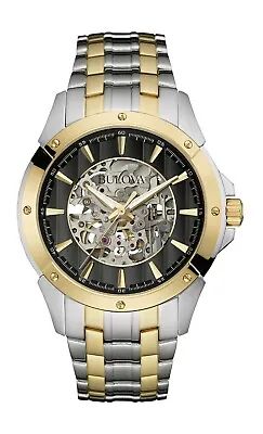 Bulova Mens Automatic Skeleton Dial Exhibition Back Black Dial 43mm Watch 98A146 • $196.99
