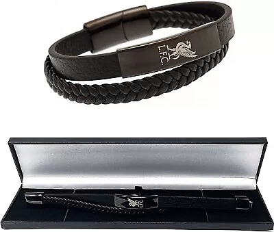 £29.75 • Buy Liverpool Fc Black Leather Ip Lfc Liverbird Crest Plate Twin Bracelet Gift Boxed