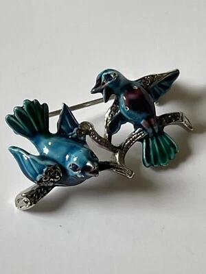 £6.50 • Buy Fabulous Vintage Enamel Marcasite Pair Of Bluebirds Brooch