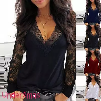 £8.39 • Buy Women Lace V-Neck Tops Gothic Sexy Long Sleeve Casual Loose Shirt Blouse UK 6-14