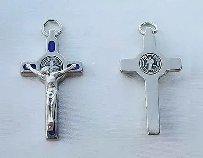 St Benedict Crucifix Pendant Nickel Plate Enamel - Blue • $4.90