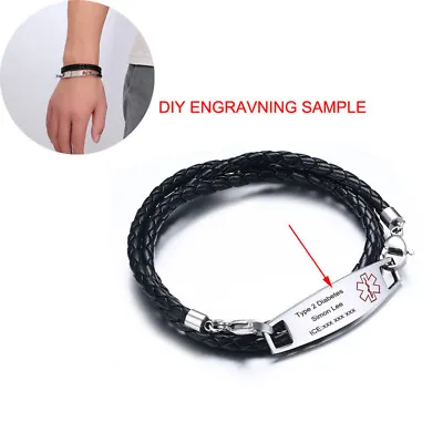£8.63 • Buy Men Man Medical Alert ID Tag Bracelet Braided Leather Band Custom Free Engraving