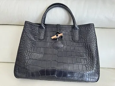 Longchamp Tan Black Roseau Croc Embossed Leather Bag • $120