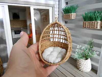 1:12 Dollhouse Miniature Wicker Hanging Chair With Seating Cushion. Handmade • $39