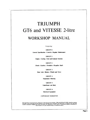 Triumph Gt6 Mk 1- 3 Plus & Vitesse 2 Ltr / Mk 2 Service Workshop Manual Reprint  • $37.32