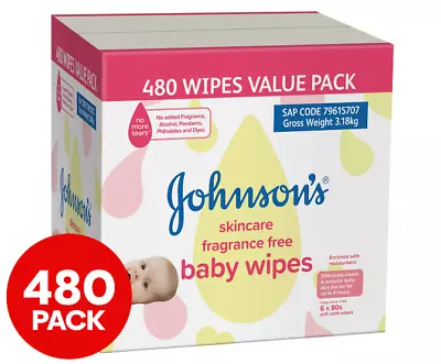 6 X 80pk Johnson's Baby Skincare Fragrance Free Baby Wipes • $37.90