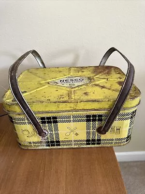 Vintage Nesco Tin Picnic Basket PicnicRyte 13.5x9.5x6 MCM Yellow & Black Plaid • $22