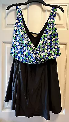 A Shore Fit Womans Black Blue Green Print Slimming Swimdress Swimsuit 24W • $25