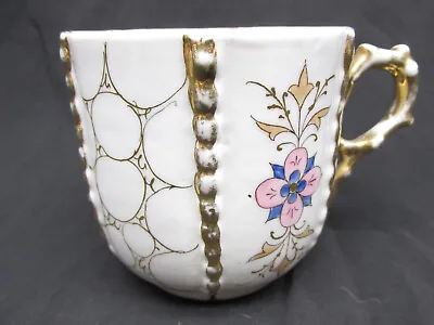 Antique Porcelain Mustache Cup Mug Hand Painted Pink Flowers Gold Gilt Ribbed • $14.99