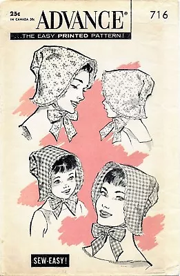 Vintage Advance #716 Mother Daughter BONNET Hat Fabric Sewing Pattern GIRLS Head • $5.49