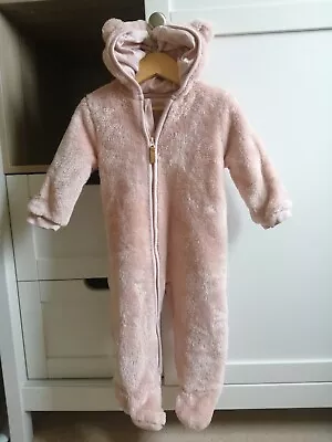 F&F Tesco Baby Hooded Jumpsuit Cute Bear Ear Snowsuit 9-12 Months Zipper Romper • £7