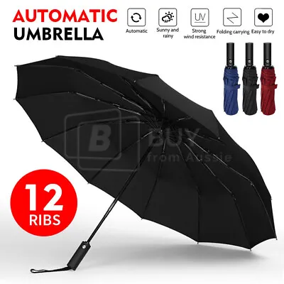 $15.90 • Buy 12Ribs Automatic Folding Umbrella Windproof Auto Open Compact With Fiberglass