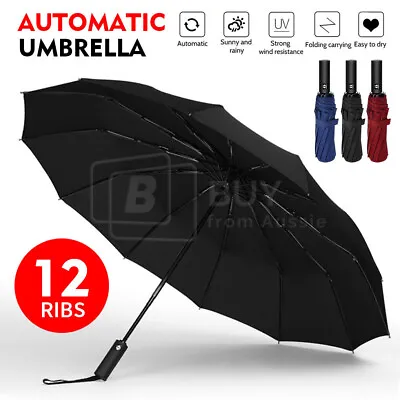 12Ribs Automatic Folding Umbrella Windproof Auto Open Compact With Fiberglass • $14.90