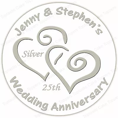 Personalised 25th Silver Wedding Anniversary Round Edible Icing Cake Topper • £4.65