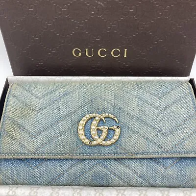 Auth Used GUCCI Purse Japan Limited GG Marmont Denim Long Wallet 7960 Quilting • $196