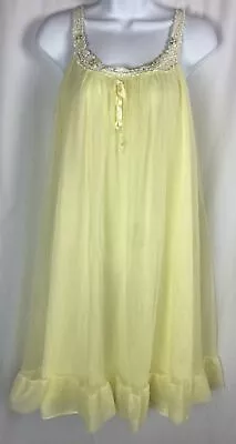 Vintage 60s Lingerie Nightie Nylon Lemon Chiffon Baby-Doll Negligee Lace Trim ML • $32