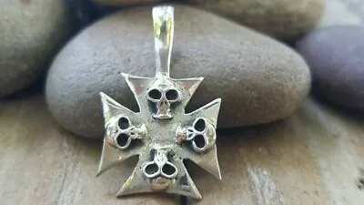 $32 • Buy Sterling Silver Maltese Cross With Skulls Pendant - Cross Jewelry - Skull Jewelr