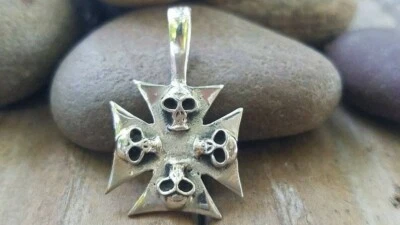 $32 • Buy Sterling Silver Maltese Cross With Skulls Pendant - Cross Jewelry - Skull Jewelr