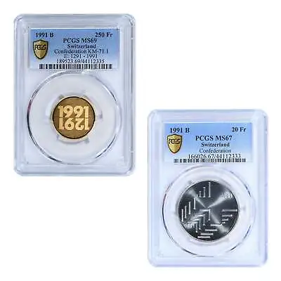 1991-B Switzerland Confederation Gold & Silver Coin Set PCGS MS69 + MS67 • $1300