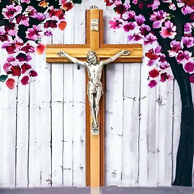 Wall Hanging Crucifix Metal Corpus Wooden Cross Mahogany Religious Catholic  • £22.95