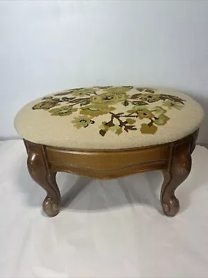 Vintage Small Oval Ottoman Footstool Upholstered Padded W/Wood Feet & Base! • $35