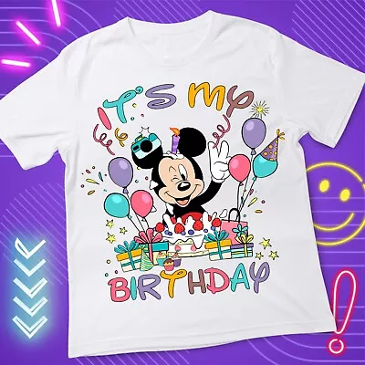 Its My Birthday Mickey Custom T Shirt Kids Size 4 White Crew Neck • $17.35