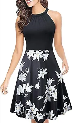 Floral Dress Size XL Black Halter Neck Sleeveless Fit Flare Keyhole Neck Tie NWT • $19.77