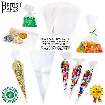 Clear Cellophane Bags Party Sweets Cello Candy Gifts Cones Small Large Food Safe • £3.79