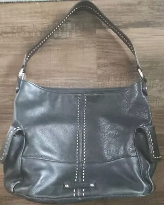 B MAKOWSKY Black Leather Handbag Purse Stitched Bucket Large Side Pockets  • $35.99