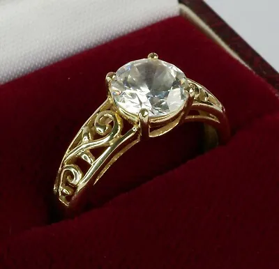 Stunning Womens 14k Gold Ring W/ Cubic Zirconia Stone W/ Detailed Front Band • £129.99