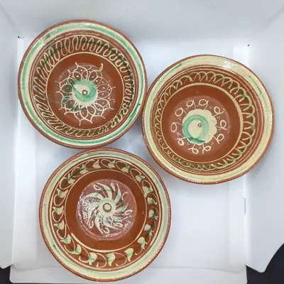 Set Of 3 Antique Tlaquepaque Jaliska Red Clay Bowls Folk Art Swirl Design • $27