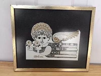 Bjorn Wiinblad Framed Art Piece Mid Century Modern Small Angel Print Roses Gold • $125