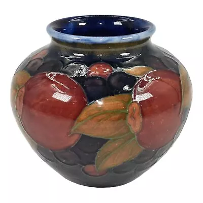 Moorcroft 1910-30s Vintage Art Pottery Red Pomegranate Grapes Blue Ceramic Vase • $345