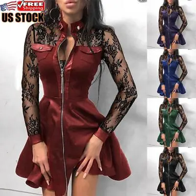 $10.05 • Buy Womens Sexy Lace Zip Up PU Leather Dress Lady Wet Look Mini Dress Party Clubwear