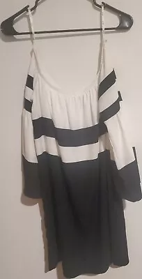 $16 • Buy Vava By Joy Han Black/White Striped Bell Sleeve Off The Shoulder Dress Size S.