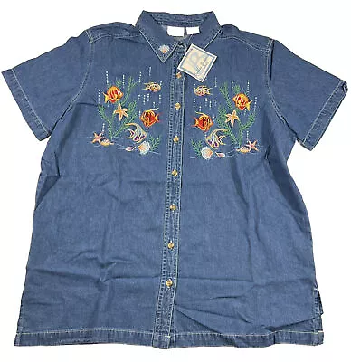 NEW VTG BOBBIE BROOKS Fish Embroidery Denim Button Up Shirt 14W 16W 90s Y2K Blue • $21.21