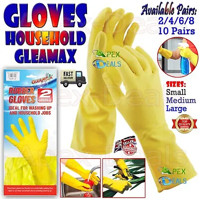 Rubber Gloves Long Sleeve Household Washing Up Kitchen Cleaning S/M/L 2/10 Pairs • £3.54