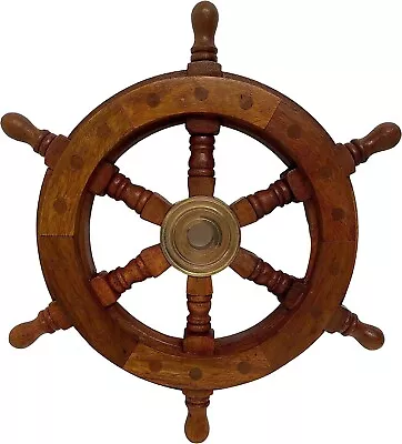 £23.99 • Buy 12 Inch Nautical Sheesham Wooden Pirate Ship Wheel With Brass Wall Decor Rustic