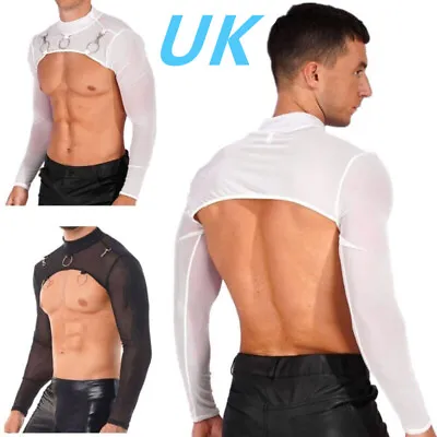 UK Men's Sheer Mesh Crop Top Mock Neck Long Sleeve Half T-Shirts Jacket Clubwear • £12.49