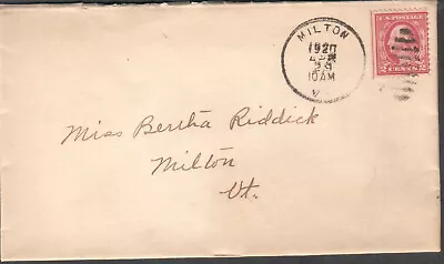 1920 Cover Milton Vermont To Miss Bertha Riddick In-city • $5